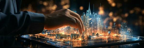 Businessman hands touch on virtual futuristic cyber city, network system, digital future and innovation in city, technology information, AI Generative photo