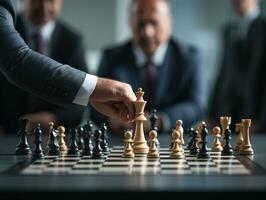 Businessman control chess game concept for ideas business strategy management, development new strategy plan, leader and teamwork, planning for competition, AI Generative photo