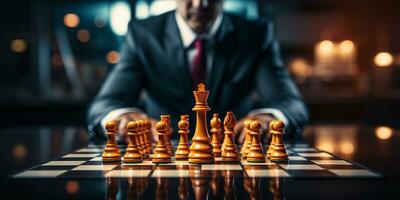 Businessman control chess game concept for ideas business strategy management, development new strategy plan, leader and teamwork, planning for competition, AI Generative photo