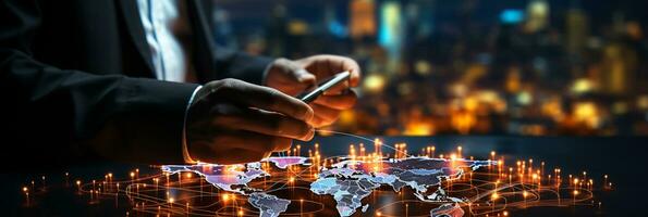 Businessman hands touch on virtual futuristic cyber city, network system, digital future and innovation in city, technology information, AI Generative photo