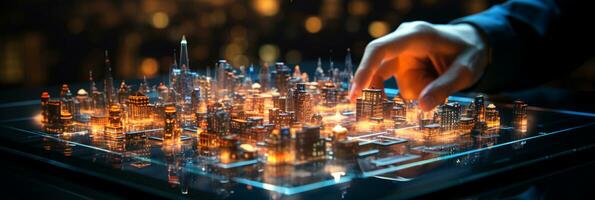 Businessman hands touch on virtual futuristic cyber city, network system, digital future and innovation in city, technology information, AI Generative photo