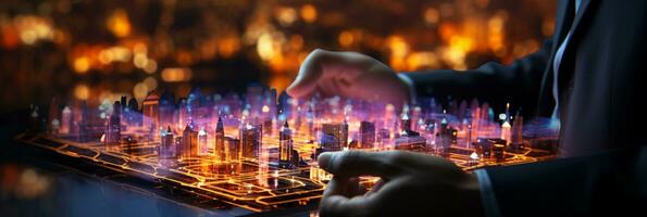 Businessman hands touch on virtual futuristic cyber city, network system, digital future and innovation in city, technology information, AI Generative photo