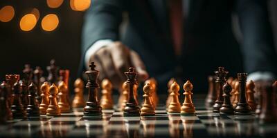 Businessman control chess game concept for ideas business strategy management, development new strategy plan, leader and teamwork, planning for competition, AI Generative photo