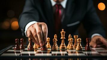 Businessman control chess game concept for ideas business strategy management, development new strategy plan, leader and teamwork, planning for competition, AI Generative photo