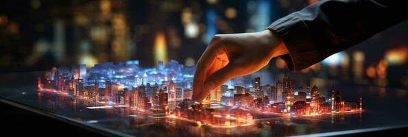 Businessman hands touch on virtual futuristic cyber city, network system, digital future and innovation in city, technology information, AI Generative photo