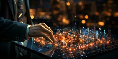 Businessman hands touch on virtual futuristic cyber city, network system, digital future and innovation in city, technology information, AI Generative photo