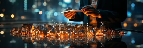 Businessman hands touch on virtual futuristic cyber city, network system, digital future and innovation in city, technology information, AI Generative photo