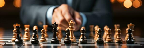 Businessman control chess game concept for ideas business strategy management, development new strategy plan, leader and teamwork, planning for competition, AI Generative photo