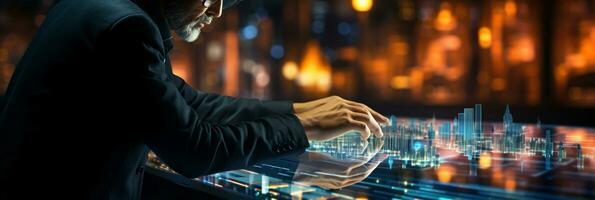 Businessman hands touch on virtual futuristic cyber city, network system, digital future and innovation in city, technology information, AI Generative photo