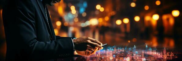 Businessman hands touch on virtual futuristic cyber city, network system, digital future and innovation in city, technology information, AI Generative photo
