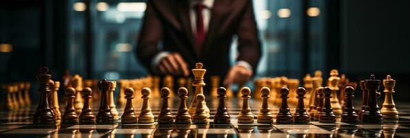 Businessman control chess game concept for ideas business strategy management, development new strategy plan, leader and teamwork, planning for competition, AI Generative photo