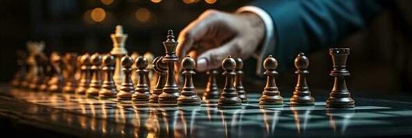 Businessman control chess game concept for ideas business strategy management, development new strategy plan, leader and teamwork, planning for competition, AI Generative photo