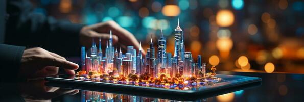 Businessman hands touch on virtual futuristic cyber city, network system, digital future and innovation in city, technology information, AI Generative photo