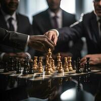 Businessman control chess game concept for ideas business strategy management, development new strategy plan, leader and teamwork, planning for competition, AI Generative photo