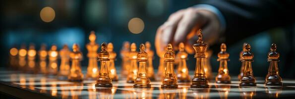 Businessman control chess game concept for ideas business strategy management, development new strategy plan, leader and teamwork, planning for competition, AI Generative photo