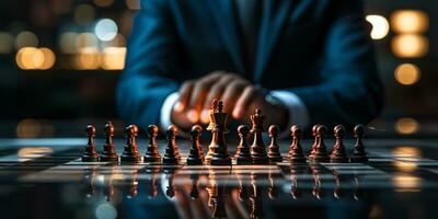 Businessman control chess game concept for ideas business strategy management, development new strategy plan, leader and teamwork, planning for competition, AI Generative photo