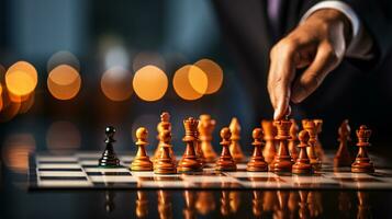 Businessman control chess game concept for ideas business strategy management, development new strategy plan, leader and teamwork, planning for competition, AI Generative photo