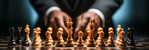 Businessman control chess game concept for ideas business strategy management, development new strategy plan, leader and teamwork, planning for competition, AI Generative photo