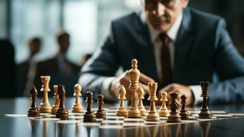 Businessman control chess game concept for ideas business strategy management, development new strategy plan, leader and teamwork, planning for competition, AI Generative photo