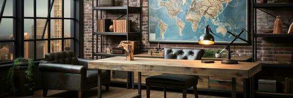 Industrial-style home office with a reclaimed wood desk Design and a bookshelf, AI Generative photo
