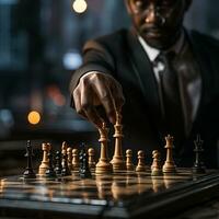 Businessman control chess game concept for ideas business strategy management, development new strategy plan, leader and teamwork, planning for competition, AI Generative photo