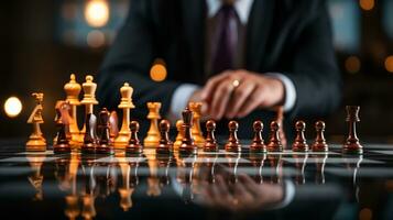 Businessman control chess game concept for ideas business strategy management, development new strategy plan, leader and teamwork, planning for competition, AI Generative photo