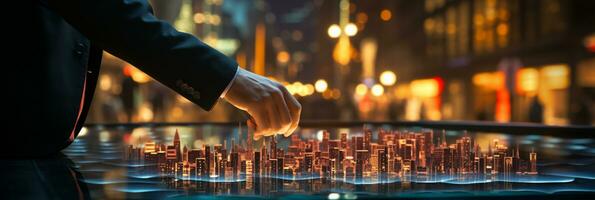 Businessman hands touch on virtual futuristic cyber city, network system, digital future and innovation in city, technology information, AI Generative photo