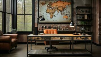 Industrial-style home office with a reclaimed wood desk Design and a bookshelf, AI Generative photo