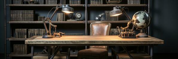 Industrial-style home office with a reclaimed wood desk Design and a bookshelf, AI Generative photo