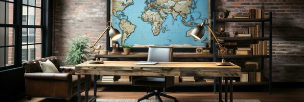 Industrial-style home office with a reclaimed wood desk Design and a bookshelf, AI Generative photo