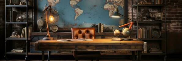 Industrial-style home office with a reclaimed wood desk Design and a bookshelf, AI Generative photo