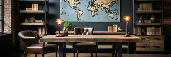 Industrial-style home office with a reclaimed wood desk Design and a bookshelf, AI Generative photo