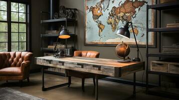 Industrial-style home office with a reclaimed wood desk Design and a bookshelf, AI Generative photo
