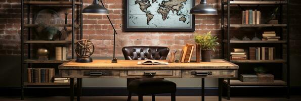 Industrial-style home office with a reclaimed wood desk Design and a bookshelf, AI Generative photo