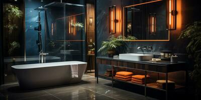 Interior Design of Elegant Bathroom, Luxury bathtub, Romantic Atmosphere,, AI Generative photo