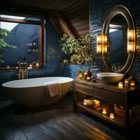 Interior Design of Elegant Bathroom, Luxury bathtub, Romantic Atmosphere,, AI Generative photo