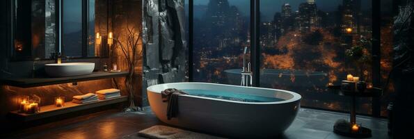 Interior Design of Elegant Bathroom, Luxury bathtub, Romantic Atmosphere,, AI Generative photo