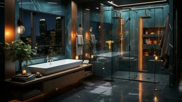 Interior Design of Elegant Bathroom, Luxury bathtub, Romantic Atmosphere,, AI Generative photo