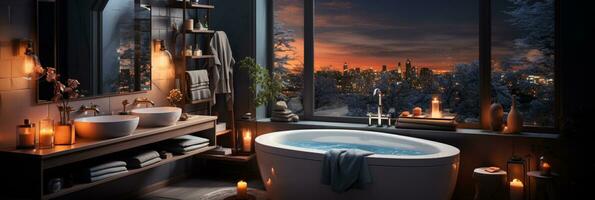 Interior Design of Elegant Bathroom, Luxury bathtub, Romantic Atmosphere,, AI Generative photo