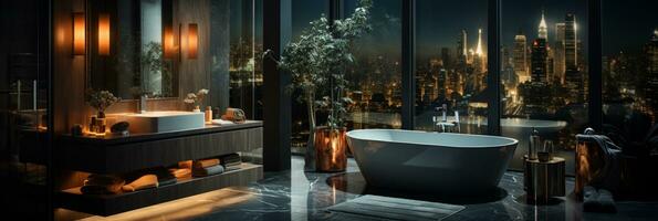 Interior Design of Elegant Bathroom, Luxury bathtub, Romantic Atmosphere,, AI Generative photo