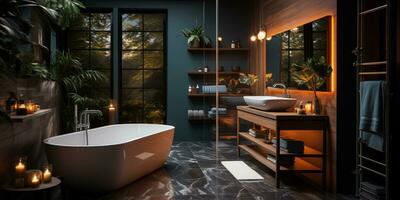 Interior Design of Elegant Bathroom, Luxury bathtub, Romantic Atmosphere,, AI Generative photo