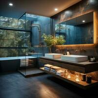 Interior Design of Elegant Bathroom, Luxury bathtub, Romantic Atmosphere,, AI Generative photo