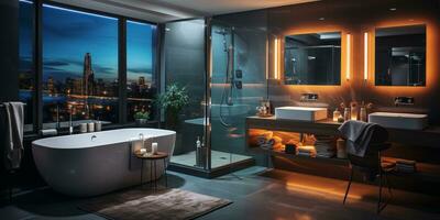 Interior Design of Elegant Bathroom, Luxury bathtub, Romantic Atmosphere, AI Generative photo