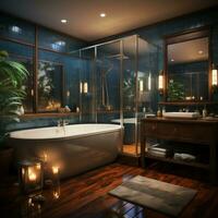 interior diseño de elegante baño, lujo bañera, romántico atmósfera,, ai generativo foto
