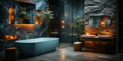 Interior Design of Elegant Bathroom, Luxury bathtub, Romantic Atmosphere, AI Generative photo