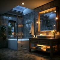 Interior Design of Elegant Bathroom, Luxury bathtub, Romantic Atmosphere,, AI Generative photo