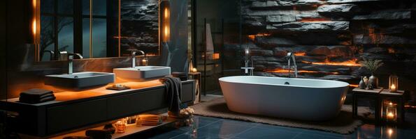 Interior Design of Elegant Bathroom, Luxury bathtub, Romantic Atmosphere, AI Generative photo