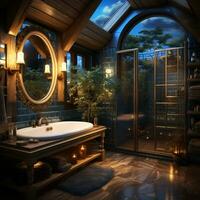 Interior Design of Elegant Bathroom, Luxury bathtub, Romantic Atmosphere, AI Generative photo