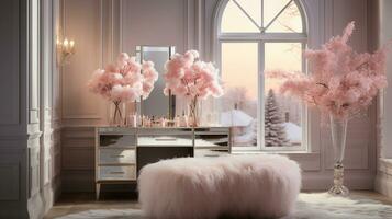 A Glamorous dressing room for a fashionista with a vanity table, glass window, feminine and luxurious space, Designer Delights, AI Generative photo