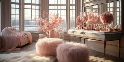 A Glamorous dressing room for a fashionista with a vanity table, glass window, feminine and luxurious space, Designer Delights, AI Generative photo